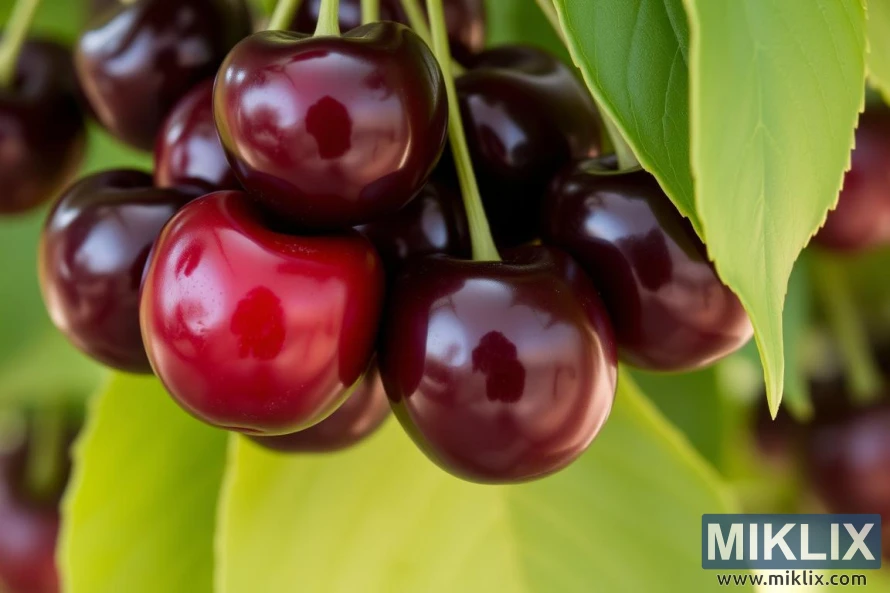 A cluster of ripe cherries hanging from a tree, surrounded by fresh green leaves. The cherries are glossy and plump, with a rich, dark red color, some appearing almost burgundy, indicating peak ripeness. Their smooth skins reflect natural light, giving them a shiny, appetizing appearance. The green leaves provide a vibrant contrast, highlighting the cherries’ deep hues. The close-up perspective emphasizes their freshness and natural beauty, capturing the essence of cherries still attached to the tree before harvest.