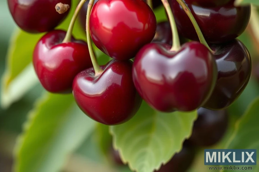 A close-up view of ripe cherries hanging from a tree, surrounded by green leaves. The cherries are glossy and plump, with a deep red color and a smooth, reflective surface that highlights their freshness. Some cherries have a slightly heart-like shape, adding to their visual appeal. The green leaves in the background contrast sharply with the rich red of the cherries, emphasizing their ripeness. The natural setting and vibrant colors capture the essence of fresh, orchard-grown cherries at the peak of their season.