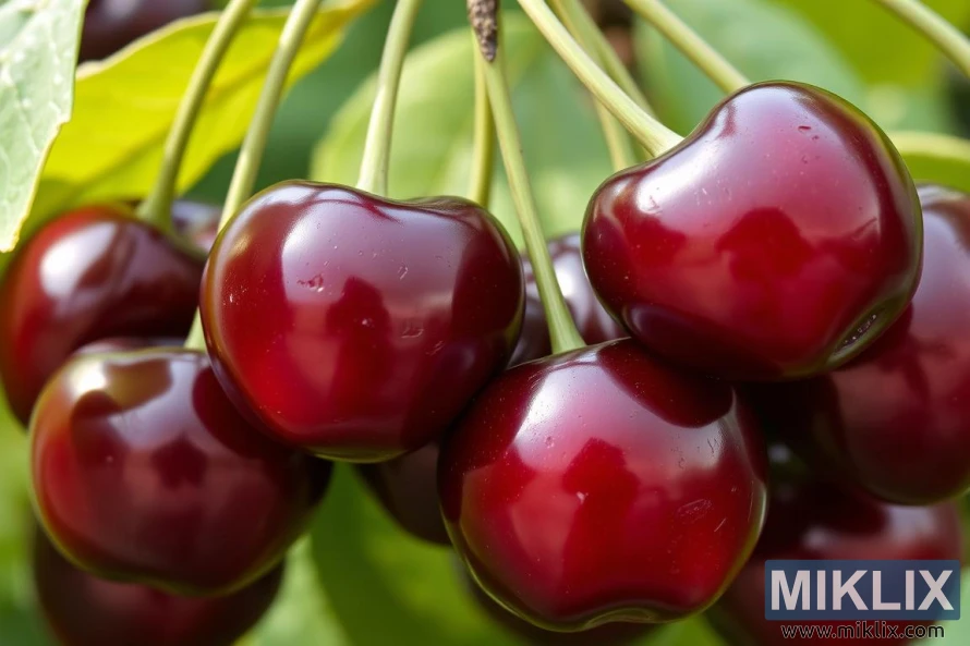 A close-up cluster of ripe, deep red cherries hanging from a tree branch, surrounded by soft green leaves. The cherries are plump, glossy, and slightly heart-shaped, with smooth, reflective skins that highlight their freshness and juiciness. Small water droplets cling to their surfaces, adding a sense of natural hydration and appeal. The vibrant red of the cherries contrasts beautifully with the bright green foliage in the background, creating a fresh, orchard-like atmosphere that evokes the peak of cherry-picking season.