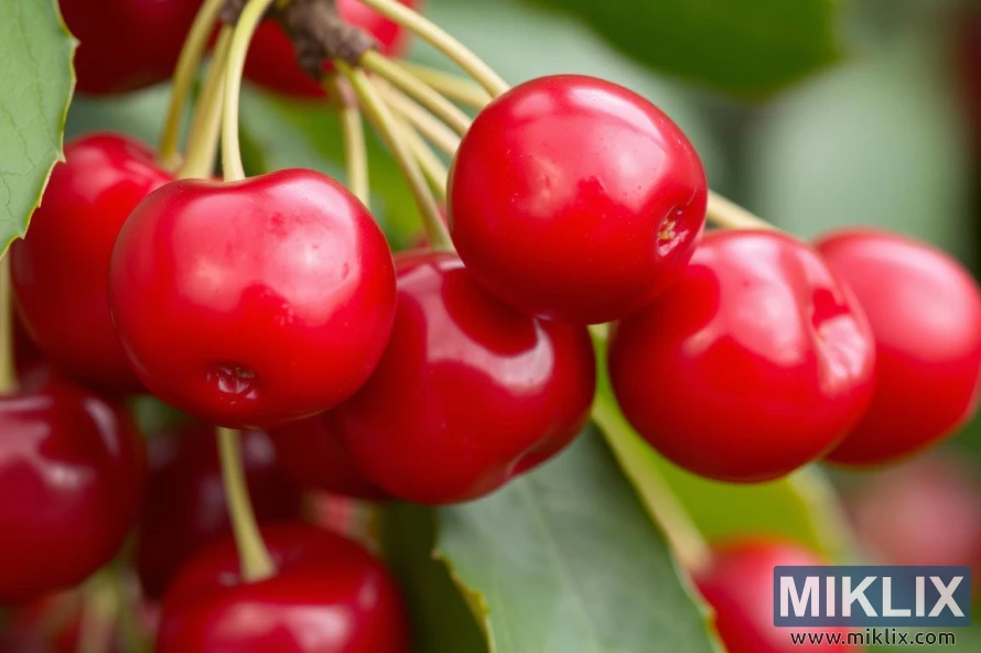A close-up of a cluster of bright red cherries hanging from their stems, surrounded by green leaves. The cherries are smooth, glossy, and round, with a vibrant, uniform red color that suggests peak ripeness. Their shiny skins reflect natural light, emphasizing their plump and juicy texture. The yellowish-green stems contrast softly with the bold red fruits, while the blurred green background gives a natural orchard-like feel, highlighting the cherries as the main focal point and evoking a sense of freshness and summer harvest.