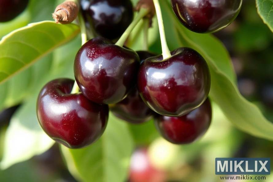 A close-up cluster of dark, ripe cherries hanging from their stems, surrounded by fresh green leaves. The cherries have a deep, almost blackish-red color, indicating full ripeness, and their smooth, glossy skins reflect light, giving them a fresh and juicy appearance. Tiny water droplets cling to their surfaces, enhancing their natural appeal. The vibrant green leaves contrast sharply with the rich, dark tones of the cherries, creating a visually striking composition that evokes the freshness of orchard-picked fruit.