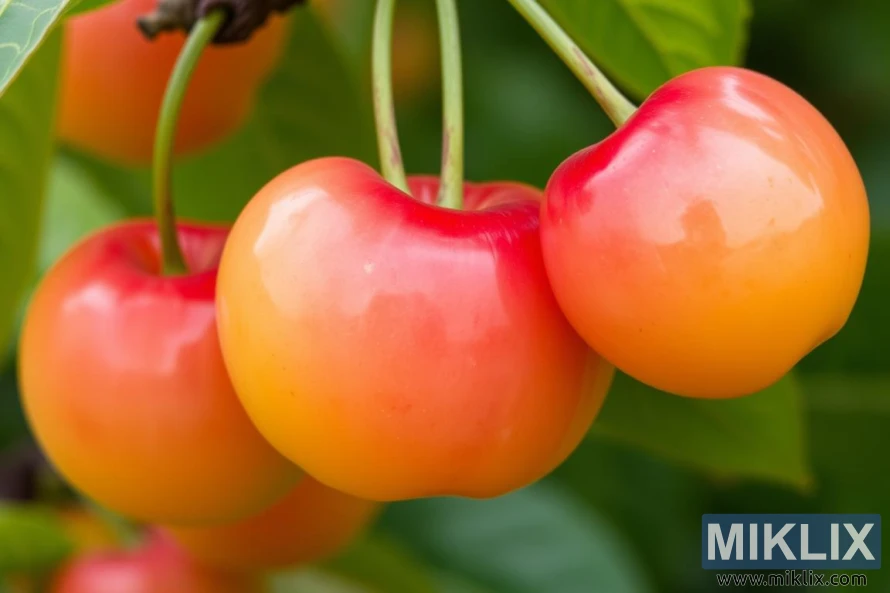 A close-up of a cluster of ripe Rainier cherries hanging from their stems, surrounded by lush green leaves. The cherries display a beautiful gradient of colors, transitioning from golden yellow at the base to a soft pinkish-red blush near the top, indicating their ripeness and sweetness. Their smooth, glossy skins reflect natural light, enhancing their fresh and juicy appearance. The vibrant contrast between the warm cherry tones and the green foliage creates a visually appealing and appetizing scene, evoking the peak of summer harvest.