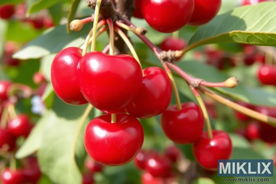 A close-up of bright red cherries hanging in clusters from a tree branch, surrounded by green leaves. The cherries are round, plump, and shiny, reflecting sunlight, which enhances their fresh and juicy appearance. Their vibrant red color suggests peak ripeness, making them look sweet and ready to eat. The green foliage contrasts beautifully with the cherries’ bold red hue, creating a lively and natural scene that captures the essence of a fruitful summer harvest in an orchard.
