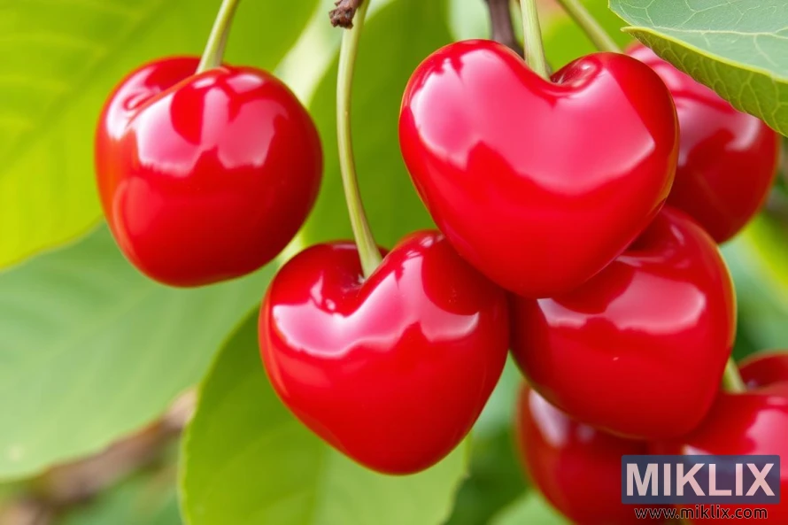 A close-up cluster of bright red cherries hanging from their stems, surrounded by lush green leaves. The cherries are glossy and plump, with a smooth surface that reflects natural light, giving them a fresh and juicy appearance. Notably, several cherries have a distinct heart-like shape, adding a charming and unique visual appeal. The vibrant red fruits contrast beautifully with the green foliage, creating an inviting and appetizing scene that evokes the essence of a summer harvest in a cherry orchard.