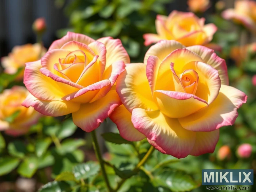 A cluster of vibrant roses in full bloom, radiating beauty and elegance. The petals display a stunning gradient of colors, transitioning from a rich golden yellow at the center to soft, delicate pink edges. The roses are perfectly formed, with layered petals spiraling outward in a classic, symmetrical pattern. Surrounding the blooms are lush green leaves, adding contrast and emphasizing the vivid colors of the flowers. The soft sunlight enhances the roses’ natural glow, creating a warm and inviting atmosphere that exudes freshness and serenity.