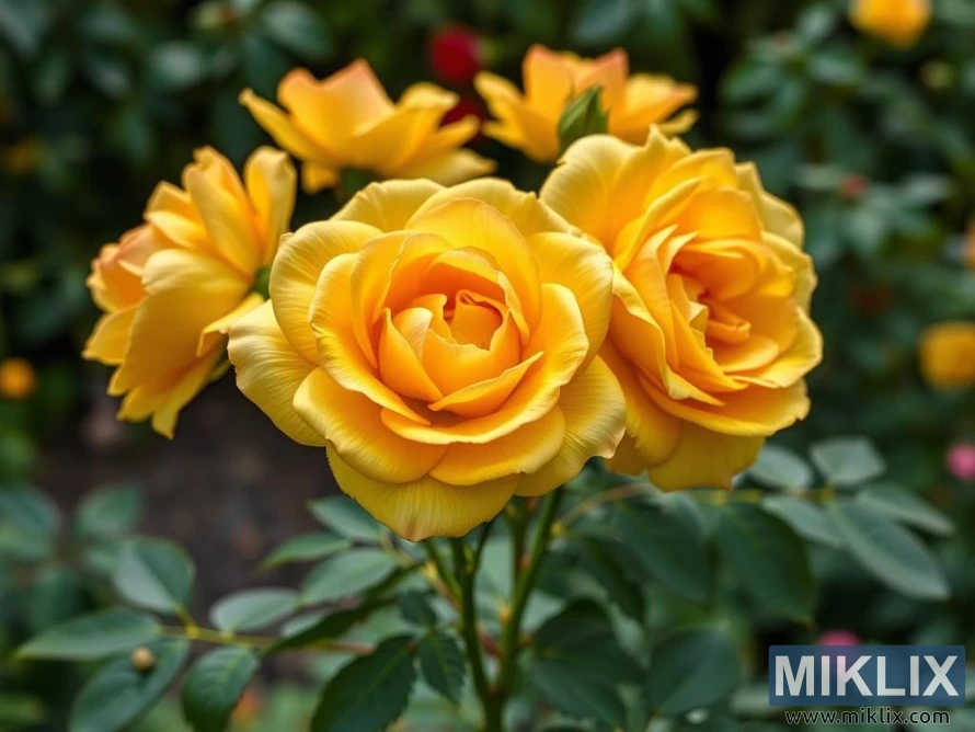 A cluster of vibrant yellow roses in full bloom, exuding a sense of warmth and cheerfulness. The petals are lush, velvety, and perfectly layered, creating a rich spiral pattern that draws the eye toward the heart of each flower. Their golden hue glows brilliantly under natural light, symbolizing joy and friendship. Surrounded by deep green, healthy leaves, the roses stand out vividly against the blurred background, which hints at more blossoms in soft focus. This lively scene captures the elegance and vitality of a flourishing rose garden.
