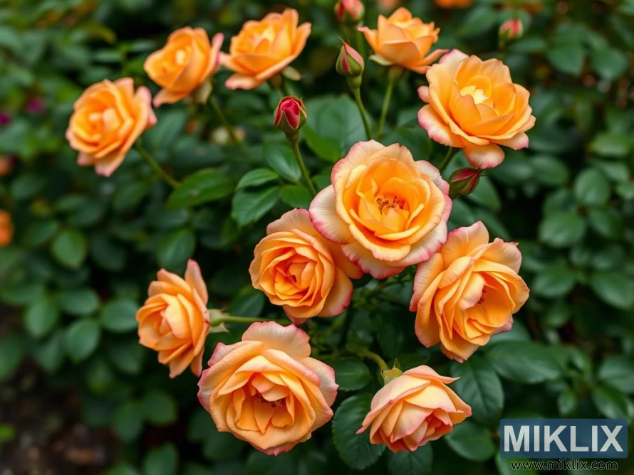 A delightful cluster of orange roses in full bloom, radiating warmth and vibrancy. The petals have a soft, velvety texture with subtle gradients of peach and apricot tones, some edged delicately with hints of pink. Each rose is perfectly layered, forming a graceful spiral that draws attention to its heart. Surrounding the blossoms are healthy green leaves, providing a rich contrast to the warm hues. Several buds are visible, promising future blooms, while the blurred background enhances the lively and flourishing charm of this rose bush.