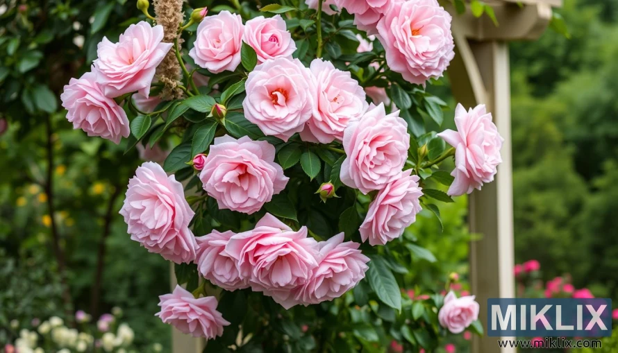 A stunning cluster of soft pink roses in full bloom, exuding a sense of romance and elegance. Each blossom is lush with delicately layered petals that curl gracefully outward, creating a full, rounded appearance. The roses are set against rich green foliage, which enhances their pastel hue. A few buds are visible among the blooms, promising more flowers to come. The background, slightly blurred, suggests a garden setting with additional roses and greenery, evoking the charm of a flourishing, tranquil rose garden.