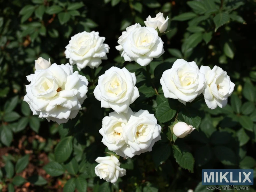 A beautiful cluster of pure white roses in full bloom, radiating elegance and serenity. Each blossom features delicately layered petals that form a classic, rounded rose shape, with some flowers revealing subtle hints of creamy undertones near the center. A few buds are present, indicating new growth and continuous blooming. The roses are surrounded by rich green foliage, which provides a striking contrast to the pristine white petals. Bathed in natural sunlight, the scene exudes a sense of purity and timeless beauty.