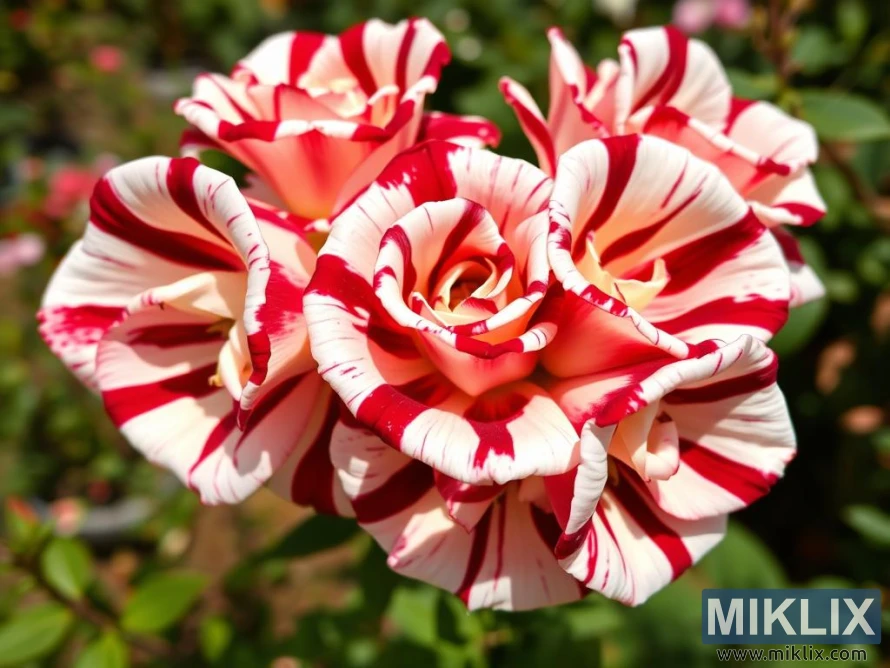 A striking cluster of roses with a unique candy-cane-like pattern. The petals are a creamy white base dramatically streaked with bold crimson-red stripes, creating a mesmerizing swirl effect. Each bloom is fully opened, showcasing the intricate layers of velvety petals that spiral inward toward the heart of the flower. The vibrant contrast of red and white gives these roses a festive and eye-catching appeal. Surrounded by soft green foliage and bathed in sunlight, they stand out vividly in the garden, exuding charm and bold elegance.