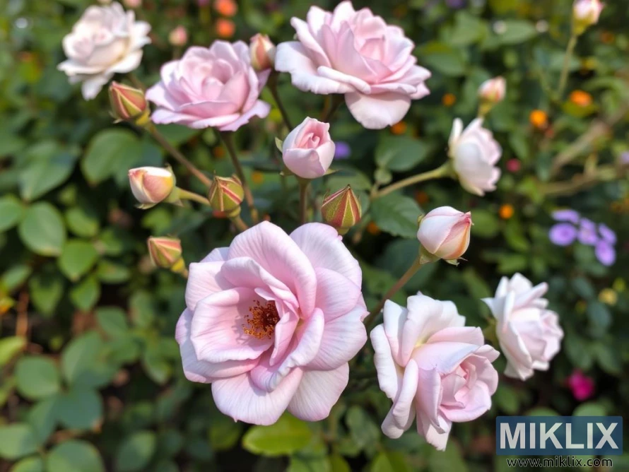 A charming cluster of delicate light pink roses in various stages of bloom, from tightly closed buds to fully opened blossoms. The petals are soft and velvety, arranged in graceful layers that spiral inward, revealing golden stamens at the center of some flowers. The pastel pink hue exudes a gentle, romantic feel, beautifully contrasted by the lush green leaves in the background. Scattered buds hint at more blooms to come, while the softly blurred garden setting enhances the serene and natural beauty of these elegant roses.