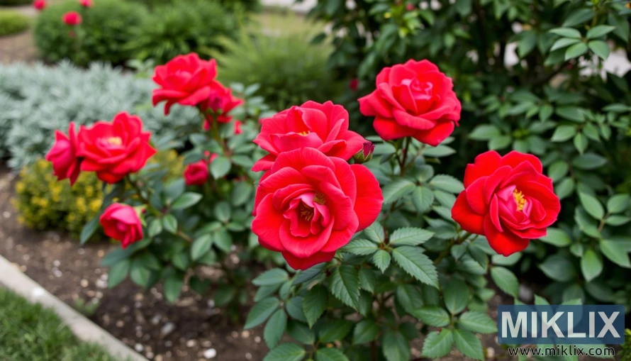 A vibrant cluster of deep red roses in full bloom, radiating passion and elegance. The velvety petals are richly colored, spiraling beautifully toward the center, where golden stamens peek through in some blossoms. The roses are surrounded by healthy, dark green foliage with serrated leaves, providing a striking contrast to the vivid red. Set in a well-maintained garden bed, the blurred background reveals additional greenery and hints of more roses, creating a lush, romantic, and lively garden atmosphere.