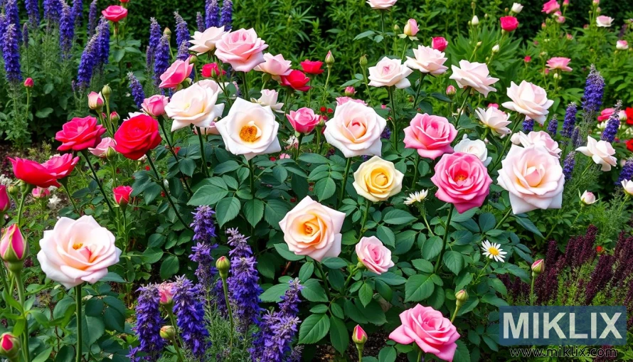 A vibrant and colorful garden filled with roses in various shades of pink, red, white, and soft yellow. Each rose is in full bloom, with delicate, layered petals radiating elegance and charm. Interspersed among the roses are clusters of tall purple flowers and small white daisies, adding contrast and texture to the scene. Lush green foliage surrounds the flowers, enhancing their vivid colors. The garden appears lively and flourishing, creating a picturesque and serene atmosphere perfect for a romantic or tranquil setting.