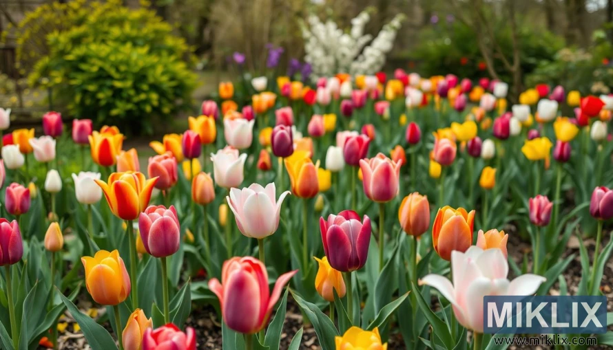 A vibrant garden filled with a dense array of blooming tulips in various colors, including red, yellow, orange, white, and pink. The tulips are in full bloom, with their petals elegantly opening, creating a lively and cheerful atmosphere. The flowers are surrounded by lush green foliage, and their tall stems stand upright, giving the garden a structured yet natural look. In the background, blurred shrubs and trees add depth to the scene, while splashes of purple and white flowers provide additional contrast. The overall mood is bright and fresh, evoking the beauty of springtime in full bloom.