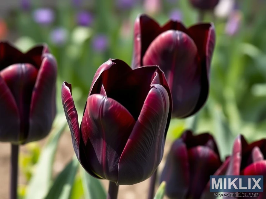 A close-up view of deep, velvety black-purple tulips, their petals displaying a luxurious sheen with subtle maroon undertones. The tulip in the foreground is partially open, revealing its smooth, curved petals with delicate striations that catch the light, emphasizing their rich texture. Several other tulips of the same variety are clustered nearby, softly out of focus, creating a sense of depth. The blurred green stems and hints of purple in the background suggest a thriving spring garden, highlighting the tulips’ striking contrast against their softer surroundings.