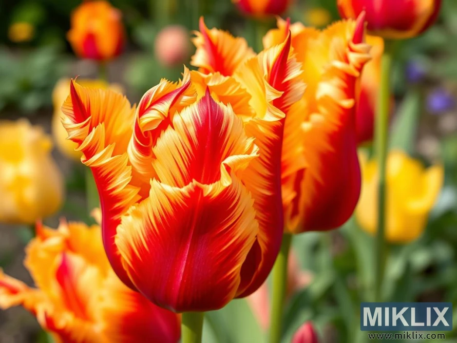 A striking close-up of vividly colored tulips with frilled petals. The blooms display a fiery gradient of red and orange, transitioning into bright yellow at the petal edges, creating a flame-like effect. The petals are uniquely ruffled and curled, adding texture and dramatic flair to the flowers. In the softly blurred background, more tulips in warm shades of yellow and red can be seen, enhancing the vibrant springtime atmosphere. The tulips stand tall on green stems, exuding energy and liveliness, making them a captivating focal point in the garden.