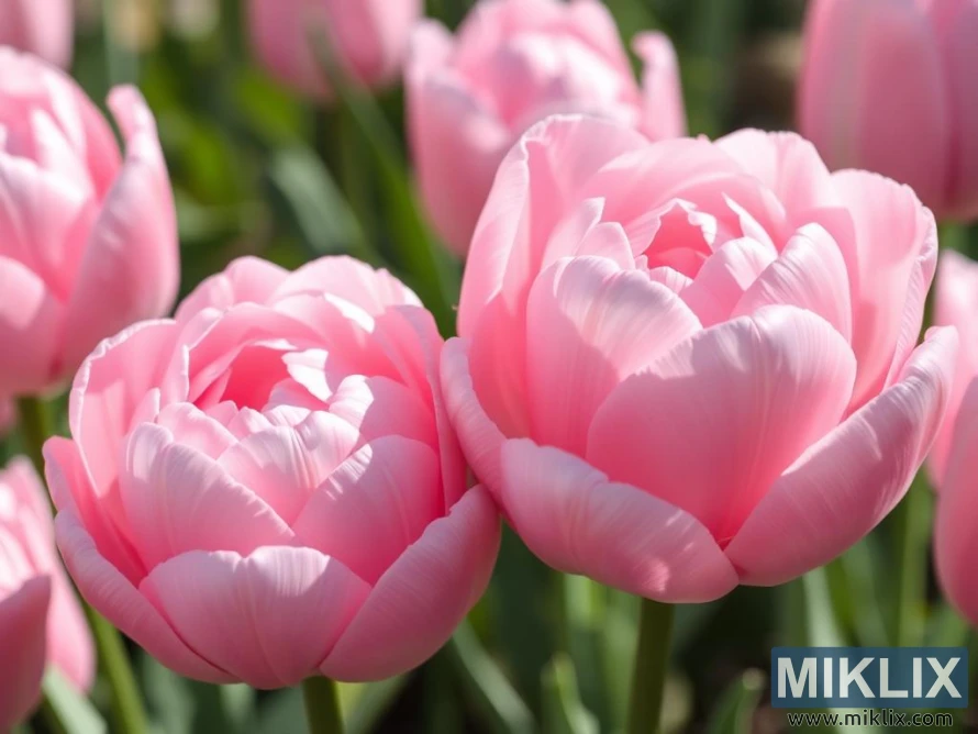 A close-up of delicate pink tulips in full bloom, showcasing their soft, layered petals arranged in a peony-like formation. The petals have a silky texture with fine, natural striations, giving them a refined and elegant appearance. Their gentle pastel pink hue radiates a sense of calmness and grace. The tulips are tightly clustered, with a few blurred blooms in the background, suggesting a lush spring garden. The vibrant green stems and leaves complement the flowers, enhancing their fresh and romantic charm.