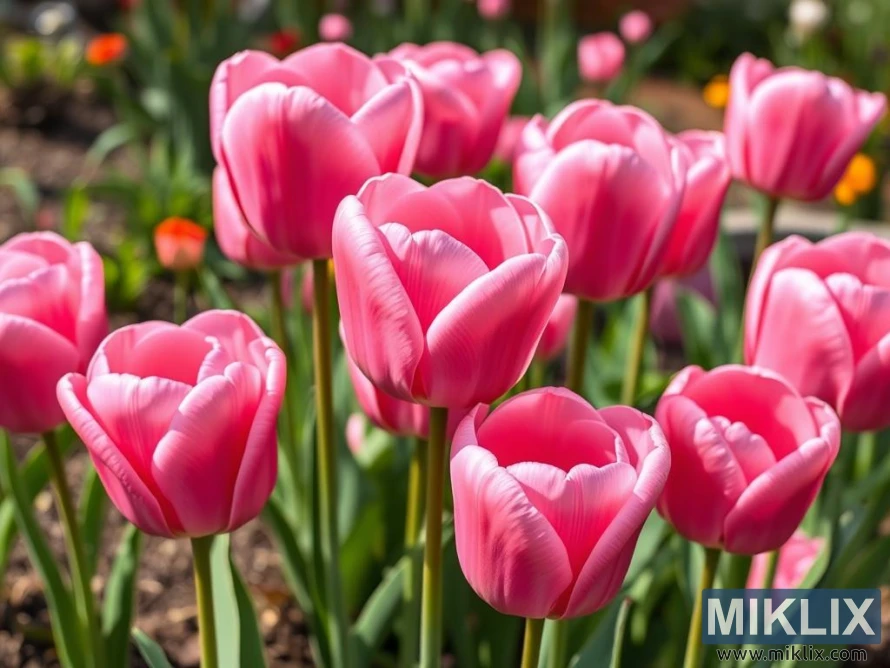 A cluster of radiant pink tulips in full bloom, their petals smooth and gently curved, creating an elegant cup-like shape. The flowers display a soft gradient of pink, with deeper tones near the base and lighter shades toward the edges, giving them a delicate, almost luminous appearance. Standing tall on sturdy green stems, the tulips are densely grouped, suggesting a vibrant spring garden. In the softly blurred background, hints of orange, red, and white tulips add depth and contrast, enhancing the cheerful and refreshing atmosphere.