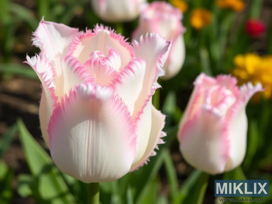 A delicate white tulip with soft pink accents, its petals elegantly edged with fine, fringed tips that add a feathery texture. The subtle pink blush deepens toward the petal margins, creating a gentle gradient that enhances its refined appearance. Bathed in sunlight, the tulip's smooth surface gleams, emphasizing its fresh and vibrant look. In the background, several similar tulips, slightly blurred, can be seen, along with hints of yellow and red flowers, contributing to a colorful and lively spring garden ambiance.