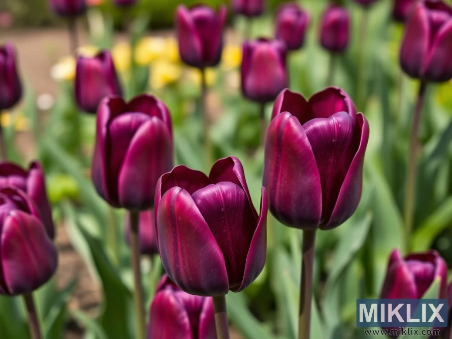 A cluster of rich, deep-purple tulips standing tall in a vibrant garden. Their smooth, glossy petals exhibit subtle variations in tone, ranging from dark plum to a lighter violet sheen that catches the sunlight, adding depth and texture. The tulips are cup-shaped, with tightly arranged petals giving them an elegant, refined look. In the softly blurred background, more purple tulips and hints of yellow flowers create a colorful, lively springtime scene, while green foliage enhances the contrast and freshness of the composition.