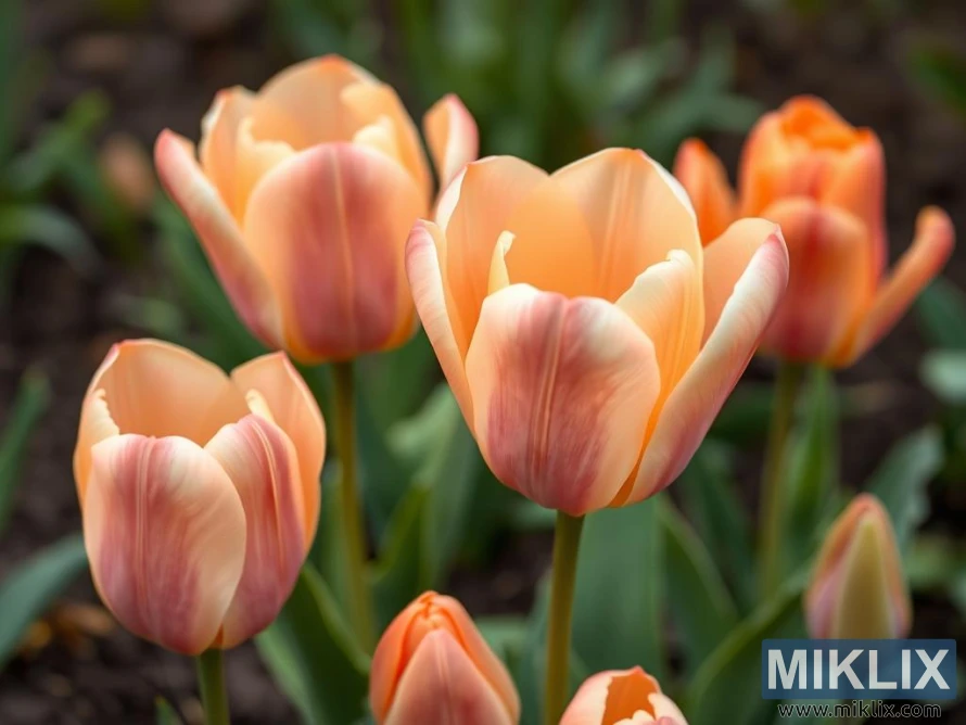 A group of soft peach-colored tulips in full bloom, exuding a delicate and graceful charm. Their smooth petals gently curve outward, creating an open, cup-shaped form that catches the light beautifully. The tulips feature a subtle gradient of color, transitioning from a warm peach at the edges to a lighter, almost creamy hue near the center. Standing on slender green stems surrounded by lush leaves, they form an elegant cluster. In the softly blurred background, additional tulips in similar shades enhance the serene and fresh springtime atmosphere.