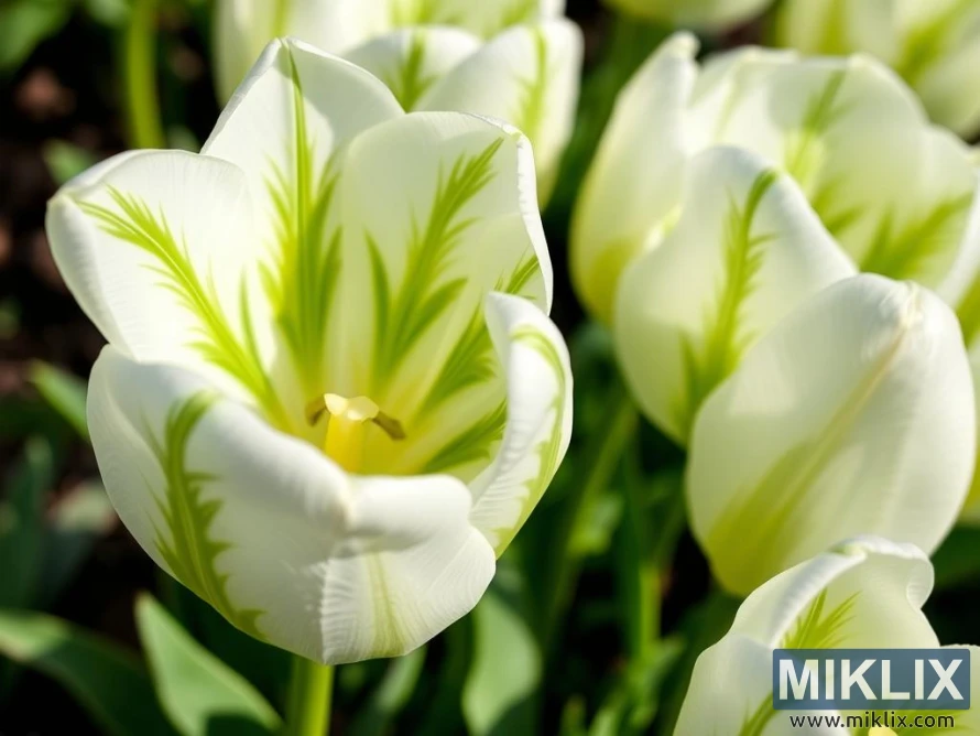 A cluster of elegant white tulips with striking green feather-like streaks running along their petals, creating a unique and artistic appearance. The petals are smooth and slightly curved, forming a graceful, open cup shape that reveals the delicate yellow stamens inside. The green markings add a fresh, vibrant contrast against the creamy white base, enhancing the tulips’ visual appeal. Set against a blurred background of more similar blooms and lush green foliage, the scene exudes a refreshing and lively springtime ambiance.