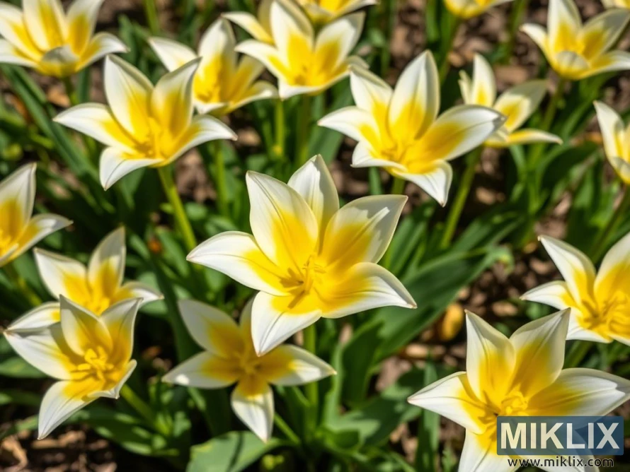 A lively cluster of star-shaped tulips with pointed petals, radiating elegance and brightness. These tulips have a soft white outer edge that gradually blends into a vibrant yellow center, creating a striking gradient effect. The blooms are fully open, revealing their yellow stamens and creating a sun-like appearance. Surrounded by lush green leaves, the tulips stand out vividly against the earthy background. The arrangement, with flowers at various angles, exudes a cheerful and radiant springtime atmosphere.