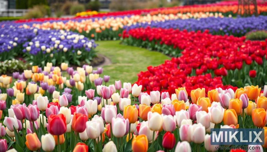 A breathtaking tulip garden arranged in vibrant, colorful waves. In the foreground, a mix of pink, white, red, yellow, orange, and purple tulips bloom in dense clusters, creating a lively and cheerful scene. Farther into the garden, sweeping bands of solid-colored tulips—bright red, deep purple, and soft peach—stretch across the landscape, forming striking patterns. A neatly maintained grassy path winds gracefully through the tulip beds, inviting viewers into this picturesque spring setting. The overall ambiance is bright, fresh, and full of life.