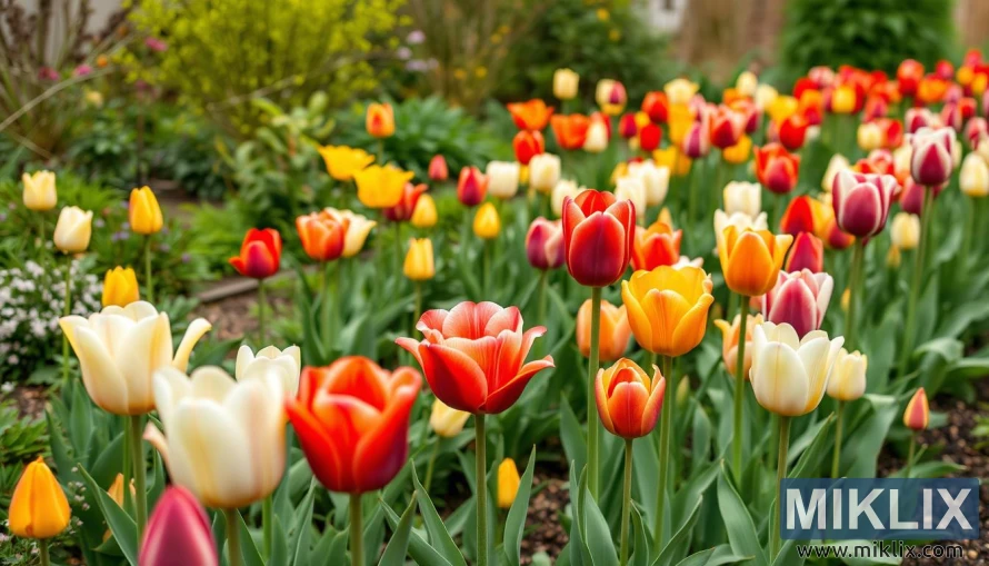A lively tulip garden filled with a rich variety of colors, including shades of red, orange, yellow, white, and soft pink. The tulips stand tall on slender green stems, their smooth, cup-shaped petals slightly open, revealing delicate inner details. The arrangement appears natural and slightly scattered, giving the garden a relaxed, flourishing feel. In the background, dense green foliage and other plants add depth, while the bright tulips in the foreground create a cheerful and vibrant springtime scene.