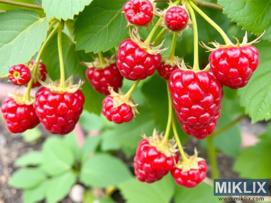 Zrele crvene maline na grmu sa zelenim lišćem na suncu.