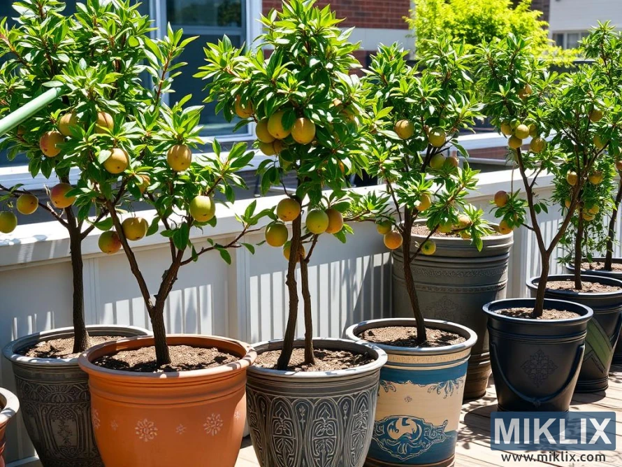 Päikesepaistelisel terrassil dekoratiivsetes pottides viljapuud valmivate kollaste ja oranžide viljadega.