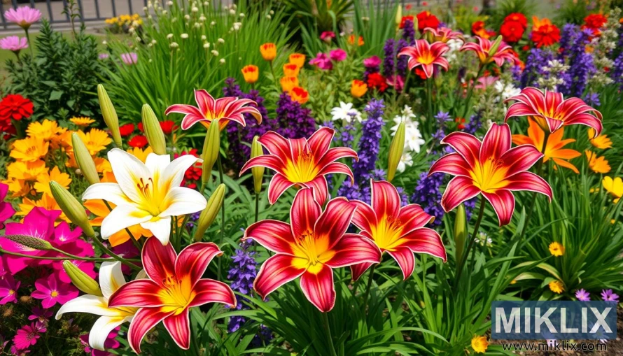 This vibrant garden scene showcases a stunning array of blooming flowers, with lilies taking center stage. The lilies feature bold, star-shaped petals in shades of deep red with yellow centers, radiating warmth and energy. Some white lilies with soft yellow throats add contrast and elegance to the composition. Surrounding them is a lively mix of colorful flowers, including purples, oranges, pinks, and reds, creating a harmonious and cheerful tapestry. The lush green leaves and buds add texture and depth, giving the garden a fresh and lively atmosphere, perfect for celebrating nature’s beauty in full bloom.