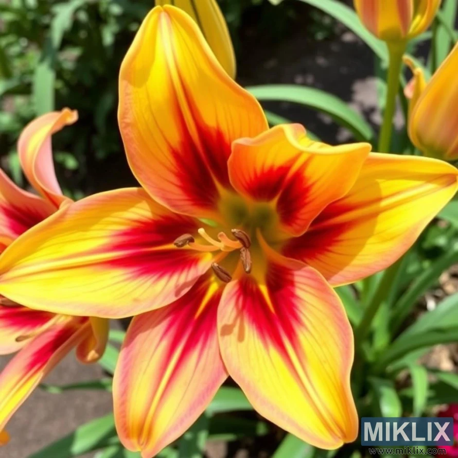 A striking lily in full bloom, radiating vibrant colors and natural elegance. The petals are a brilliant golden yellow, transitioning dramatically to fiery red near the center, creating a vivid starburst effect. The red streaks extend outward along the veins, adding depth and contrast to the flower’s structure. The stamens, tipped with dark pollen, stand prominently against the bright backdrop. Surrounded by lush green foliage, the lily appears radiant under the sunlight, epitomizing the beauty and energy of a flourishing summer garden.