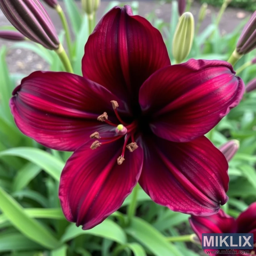 A striking deep burgundy lily in full bloom, exuding elegance and sophistication. The velvety petals display rich, dark crimson tones with subtle gradients of purple and black, creating a dramatic and luxurious appearance. Fine, delicate veins add texture and depth, while the central stamens, topped with dark brown pollen, stand out against the dark core of the flower. Surrounded by lush green foliage and unopened buds, this lily commands attention, radiating a sense of mystery and refined beauty in the garden.
