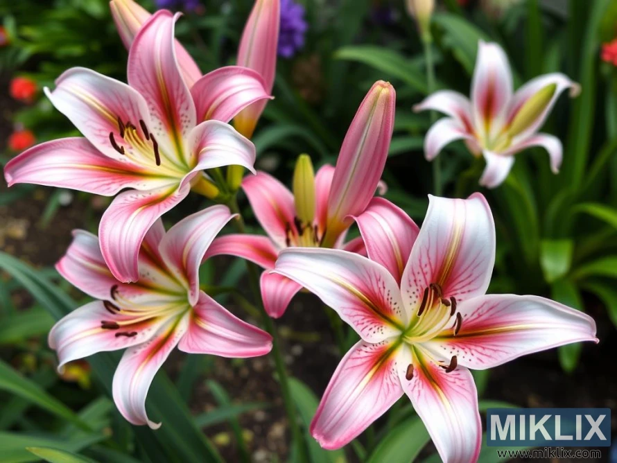 A cluster of delicate pink lilies in full bloom, radiating elegance and charm. The petals are soft white at the edges, blending into a gentle pink hue with subtle streaks of deeper pink and hints of yellow near the center. Fine speckles add texture, while the prominent stamens, tipped with rich brown pollen, create a striking contrast. Surrounded by lush green leaves, these lilies stand gracefully against a blurred garden background, evoking a sense of freshness and tranquility in a serene floral setting.