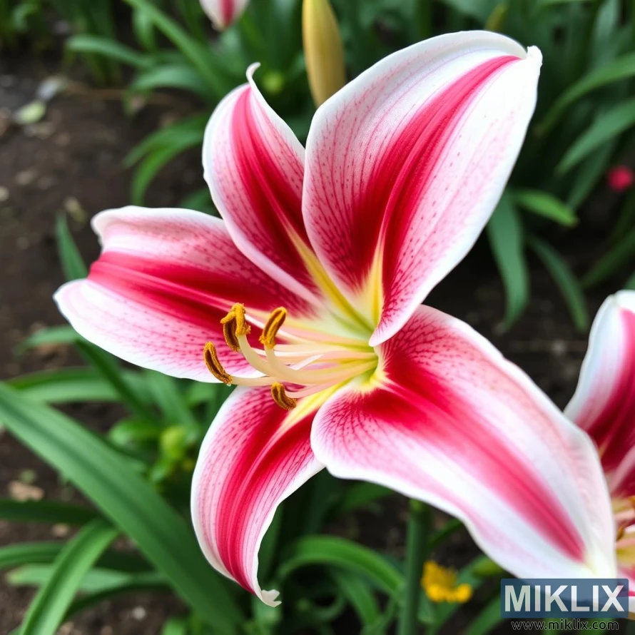 A stunning lily in full bloom, characterized by its bold and vibrant coloration. The petals are a brilliant white along the edges, transitioning into deep, rich shades of crimson and pink toward the center, creating a striking contrast. Subtle speckling enhances the texture, while the throat of the flower glows with a touch of soft yellow. The stamens, tipped with golden pollen, stand out elegantly against the vivid background. Surrounded by lush green foliage, the lily exudes a sense of grace and beauty, making it a captivating focal point in the garden.