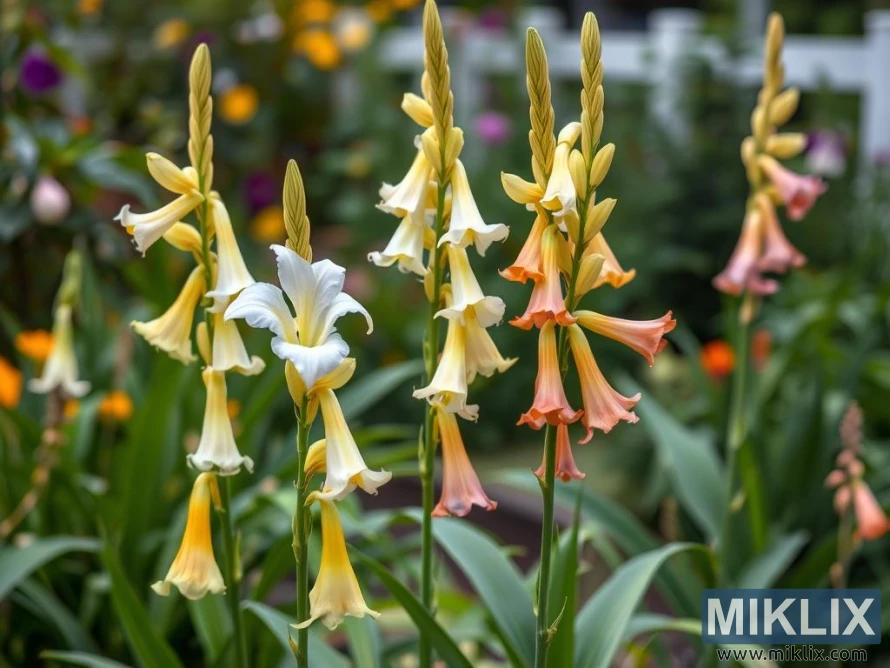 A charming cluster of trumpet-shaped lilies in soft, pastel hues, creating a delicate and graceful display. The flowers range in color from creamy white and pale yellow to soft peach and light coral, blending beautifully with their green surroundings. The long, slender stems rise elegantly, topped with multiple blooms and buds, giving a sense of height and movement. The gentle color transitions and graceful, drooping petals evoke a serene and romantic garden atmosphere, making these lilies a captivating highlight in the floral landscape.