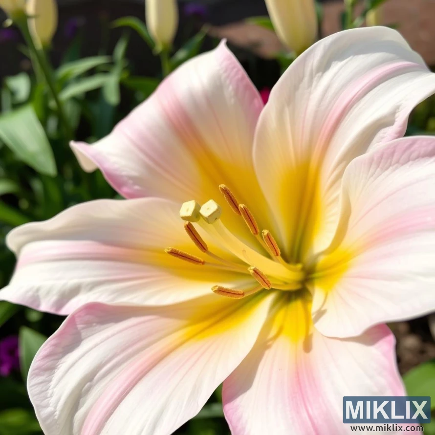 A delicate and elegant lily in full bloom, glowing beautifully under sunlight. The petals are soft white with gentle blushes of pastel pink along the edges, blending seamlessly into a warm golden-yellow center that radiates outward. The flower’s graceful curves and velvety texture highlight its refined beauty, while the bright orange stamens stand prominently, adding a striking contrast. Surrounded by lush green foliage and unopened buds in the background, this lily evokes a sense of purity, freshness, and serene garden charm.
