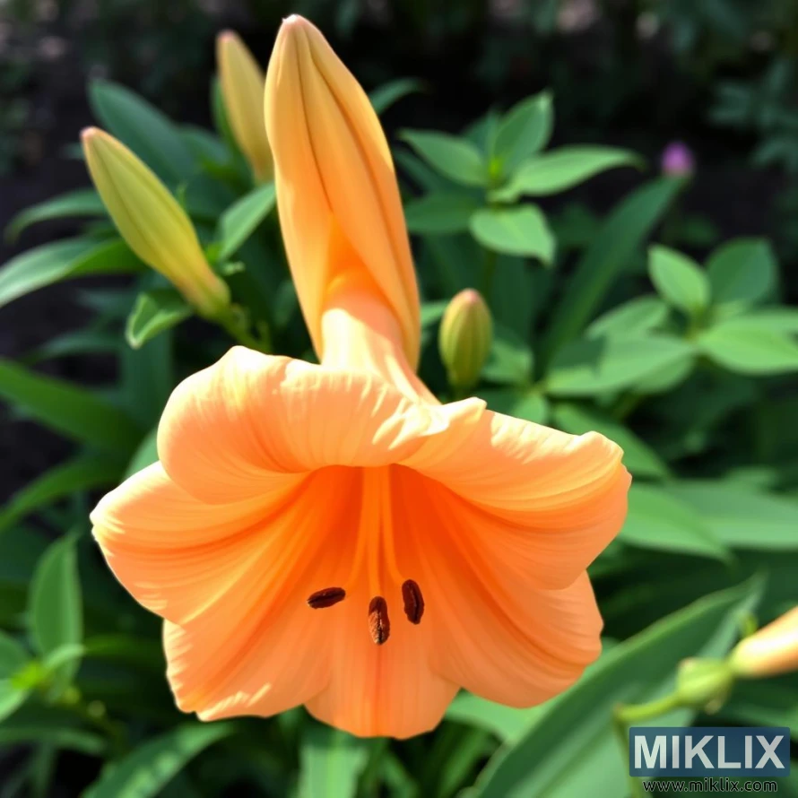 A beautiful trumpet-shaped orange lily in full bloom, exuding warmth and vibrancy. The soft, velvety petals form a graceful bell-like structure, showcasing delicate ribbed textures that lead toward the flower’s deep center. Inside, dark brown stamens with pollen tips provide a striking contrast against the bright orange hue. Surrounding the bloom are lush green leaves and unopened buds, adding freshness and depth to the composition. The lily’s elegant form and rich color make it a captivating highlight in this serene garden scene.