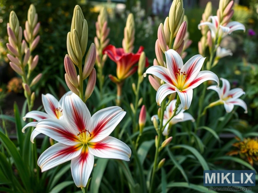 A lively garden filled with striking lilies in full bloom. The flowers feature crisp white petals accented with vivid red streaks radiating from the center, blending into a warm yellow core. Their star-shaped structure and sharp color contrasts create a bold and elegant visual impact. Around them, numerous buds in shades of green and soft pink stand tall, promising more blooms to come. The lush green foliage adds depth and vibrancy, while the mix of open flowers and budding stems conveys a sense of freshness and dynamic growth in a flourishing summer garden.