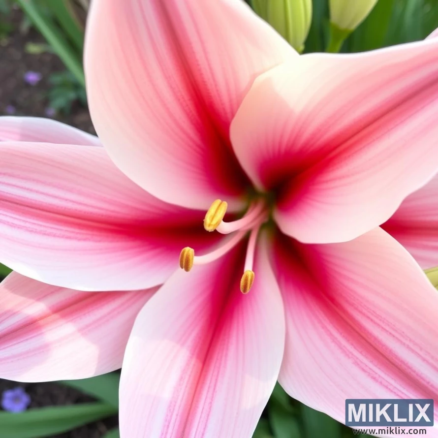 A breathtaking close-up of a pink lily in full bloom, radiating delicate beauty and elegance. The petals are soft pastel pink, gradually deepening into a rich, vibrant magenta near the center, creating a stunning gradient effect. Subtle veins run along the petals, adding texture and depth. The flower’s golden-yellow stamens with pollen-tipped anthers stand prominently against the bright core, enhancing its vivid contrast. Surrounded by lush green foliage and unopened buds, this lily exudes a sense of freshness and grace, making it a captivating highlight of the garden.