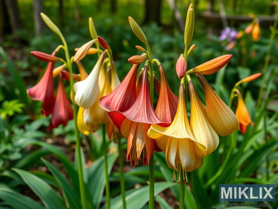 A cluster of elegant, bell-shaped lilies gracefully hanging from tall, slender stems. The blooms display a captivating gradient of warm hues, ranging from soft yellow and golden orange to deeper shades of red and burnt orange, creating a harmonious and vibrant palette. Their downward-facing petals curve delicately, emphasizing their natural, lantern-like form. Surrounded by lush green foliage, these lilies stand out beautifully against the garden backdrop, exuding a sense of exotic charm and tranquil beauty in a woodland setting.