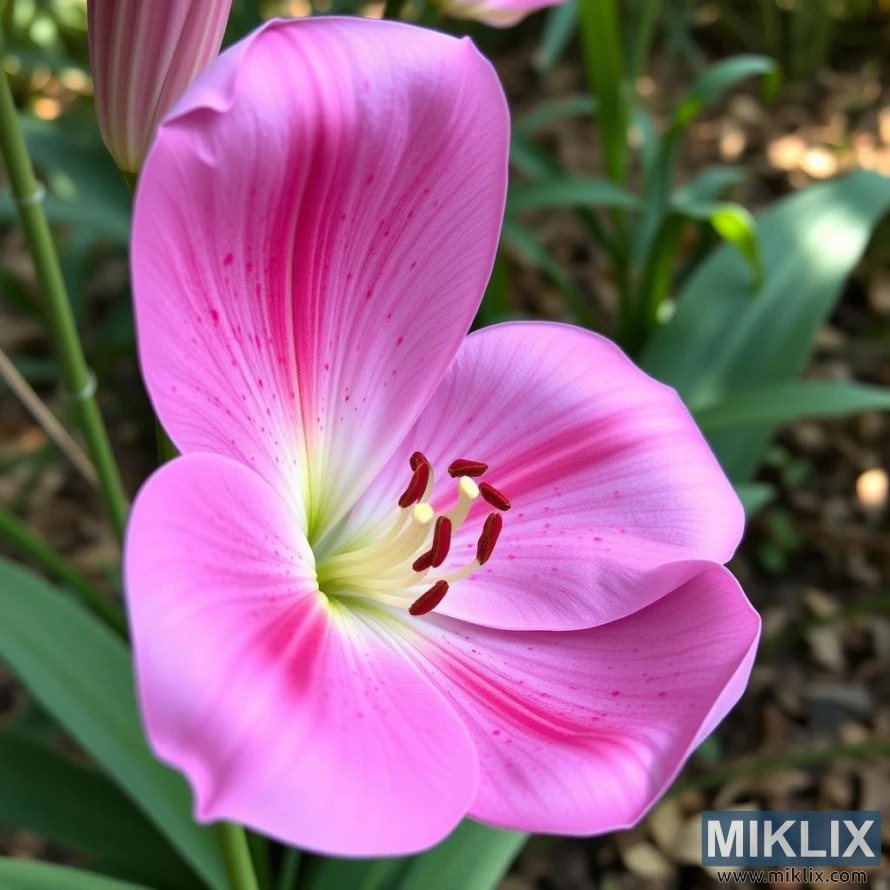 A delicate pink lily in full bloom, radiating elegance and charm. The petals exhibit a soft gradient, transitioning from a light, almost white base near the center to a rich pink hue toward the edges, adorned with fine veins and tiny speckles for added texture. The flower’s graceful curvature gives it a soft, flowing appearance. At the center, deep red stamens with pollen-tipped anthers contrast beautifully against the lighter tones. Surrounded by green leaves and blurred natural surroundings, this lily exudes a serene and graceful presence in the garden.