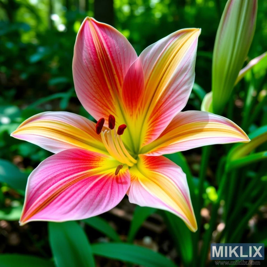 A stunning lily in full bloom, radiating vibrant colors and natural beauty. The petals exhibit a captivating gradient, transitioning from soft pink at the edges to fiery red and golden yellow near the center, creating a warm, glowing effect. Fine veins add delicate texture, enhancing the flower’s graceful structure. The prominent stamens, tipped with dark red pollen, stand elegantly against the vivid backdrop. Surrounded by lush green foliage and unopened buds, this lily exudes a lively and radiant charm, making it a striking highlight in the garden.