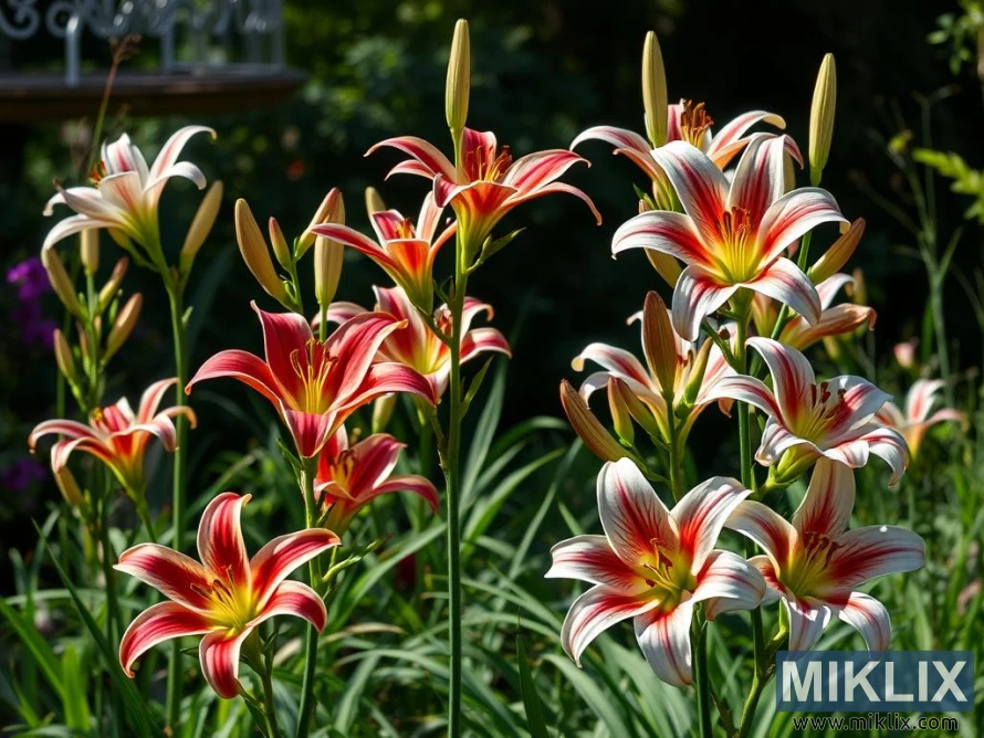 A vibrant garden scene filled with striking lilies in full bloom. The flowers feature elegant star-shaped petals with bold red centers that gradually fade into white edges, creating a dramatic contrast. Hints of golden yellow radiate from the throats, adding warmth and brightness to their appearance. Surrounded by lush green leaves and tall unopened buds, the lilies stand gracefully, basking in the sunlight. Their dynamic arrangement and vivid coloration bring a sense of energy and liveliness, making them a captivating highlight in the flourishing garden.