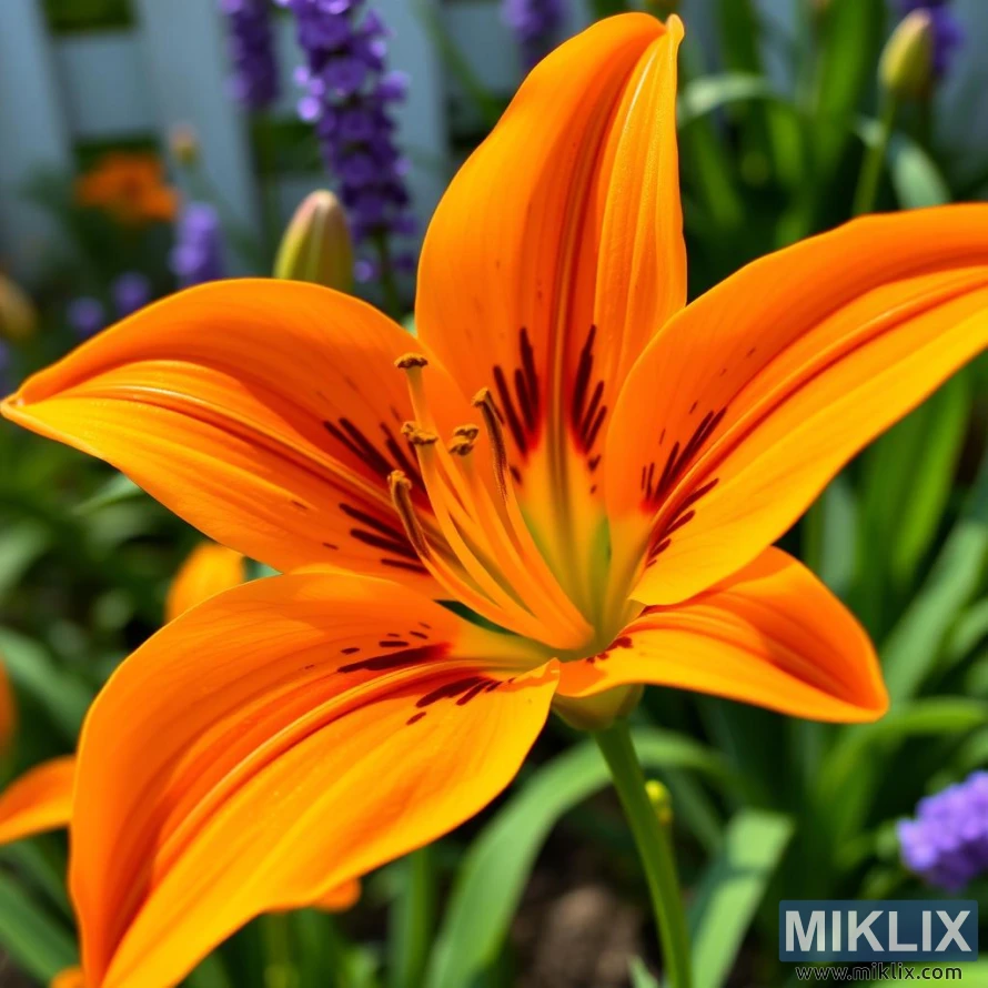 A stunning bright orange lily in full bloom, radiating warmth and vibrancy. The petals are bold and smooth, with delicate curves and slightly pointed tips, creating a graceful star-like shape. Dark maroon streaks and speckles decorate the center, adding contrast and depth to its striking appearance. The stamens, tipped with dark pollen, stand elegantly against the vivid orange backdrop. Surrounded by lush green leaves and hints of purple flowers in the blurred background, this lily embodies the lively energy and beauty of a flourishing summer garden.