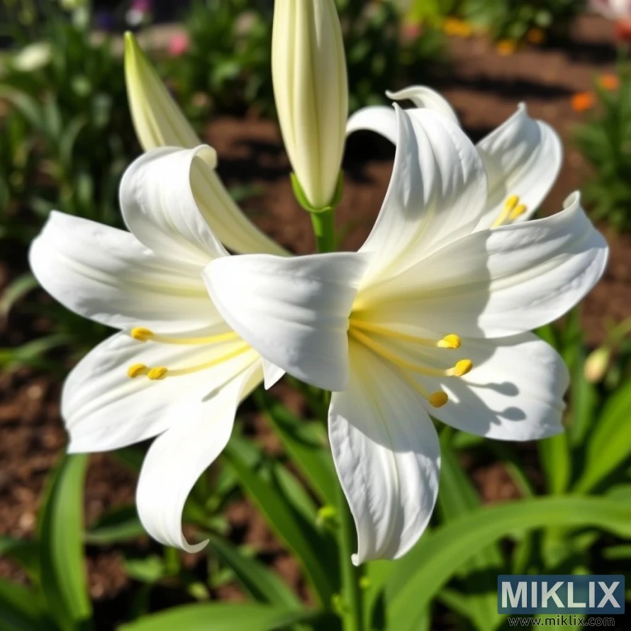 Two elegant white lilies in full bloom, radiating purity and serenity. The petals are smooth and gracefully curved, with a soft sheen that catches the sunlight beautifully. A subtle hint of yellow glows at the base of each petal, adding warmth and depth to the otherwise pristine white bloom. The stamens, tipped with bright yellow pollen, stand delicately at the center, contrasting gently against the light background. Surrounded by lush green leaves and unopened buds, these lilies evoke a sense of grace and natural beauty in a peaceful garden setting.