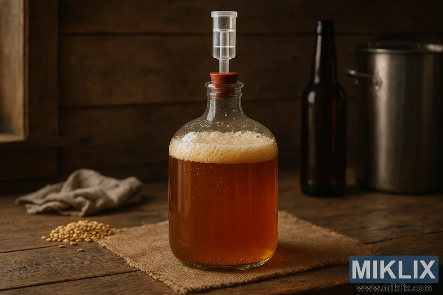 A rustic home-brewing setup featuring a glass carboy filled with fermenting amber beer. A frothy layer of krausen rests on top, with streams of carbonation rising through the golden-brown liquid. The carboy is sealed with a red rubber stopper and a proper straight-tube airlock. It sits on a coarse burlap mat atop a weathered wooden table. To the left, a small pile of malted barley and a folded linen cloth add to the artisanal feel, while to the right, a brown beer bottle and stainless steel brew kettle complete the cozy, warm-toned brewing scene.
