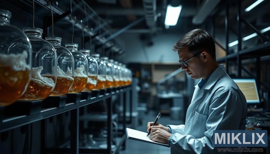 A dimly lit laboratory setting, with rows of glass fermentation vessels lined up on sturdy metal shelves. Beams of soft, directional lighting cast shadows across the scene, highlighting the intricate glassware and the swirling activity within. In the foreground, a technician in a crisp white lab coat carefully takes notes, their face illuminated by the glow of a nearby computer screen. The background is blurred, but suggests a larger workspace filled with scientific equipment and a sense of quiet, focused investigation. The overall mood is one of meticulous experimentation, as part of the real-world brewing process.