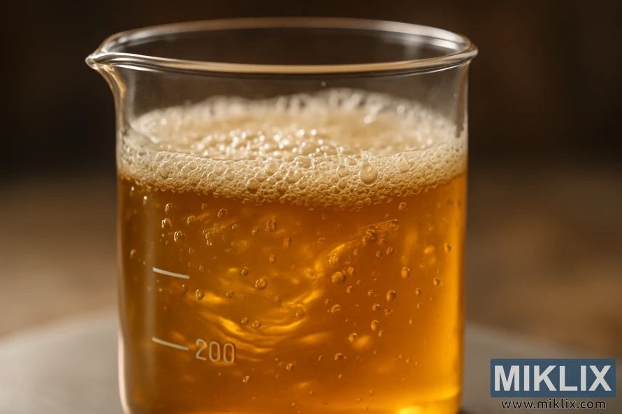 Fermentis SafLager S-23 mayasının birbaşa qaşınma halına salınmasını əks etdirən fırlanan, qızılı maye ilə doldurulmuş şüşə qabın yaxından görünüşü. Canlı maye yan tərəfdən isti, yumşaq işıqlandırma ilə işıqlandırılır, onun aydınlığını və zəngin kəhrəba-qızıl rəngini artırır. Kiçik baloncuklar davamlı olaraq səthə qalxaraq, aktiv fermentasiyanı ifadə edən nazik köpüklü köpük təbəqəsi yaradır. Maye içərisində fırlanan naxışlar dinamik hərəkət və enerji hissi əlavə edir. Stakandakı 200 ml kalibrləmə işarəsi aydın görünür, yumşaq bulanıq fon isə bütün diqqəti fermentasiya prosesinə yönəldir, həm elmi dəqiqliyi, həm də dəmləmə həyəcanını çatdırır.